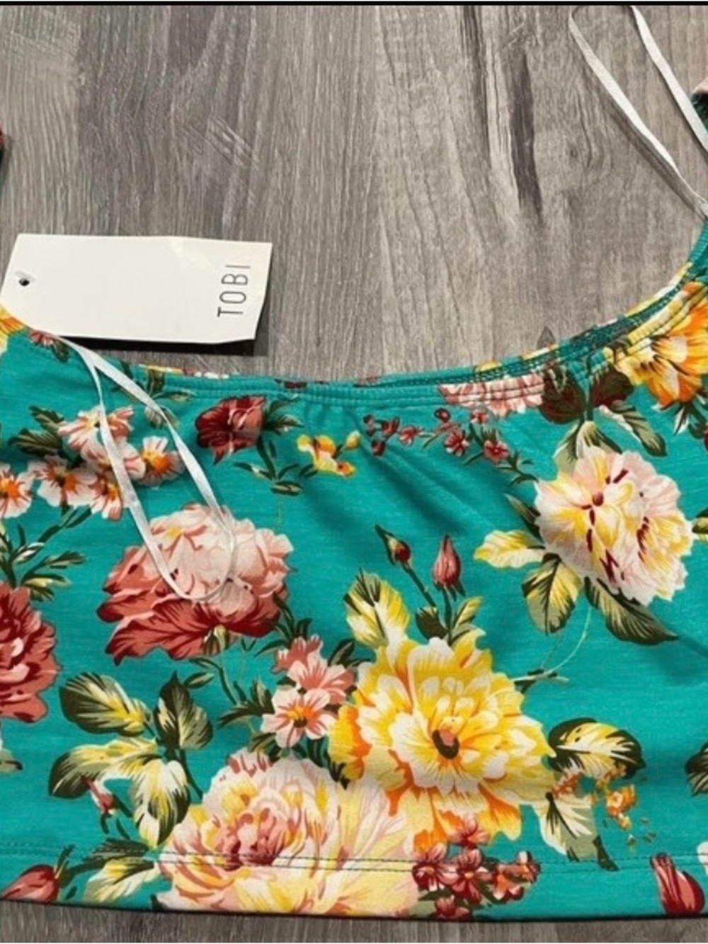Tobi Teal Floral off the shoulder crop top